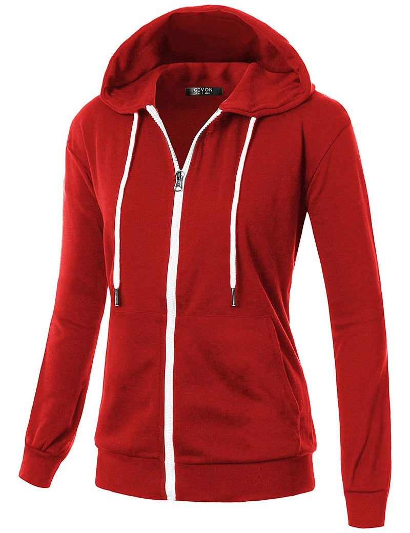 GIVON Women's Lightweight Zip Up Hoodie â€“ Long Sleeve Thin Casual Hooded Jacket, Plus DCF200-RED-M - Image 1